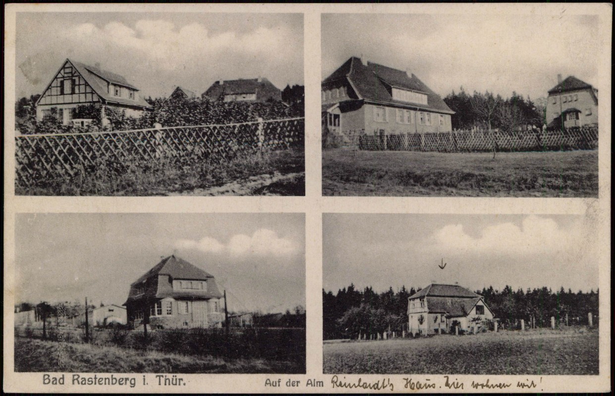 zoom: Image side vintage Postcard from 1932: 4 Bild Häuser auf der Alm:: Rastenberg (Thüringen)