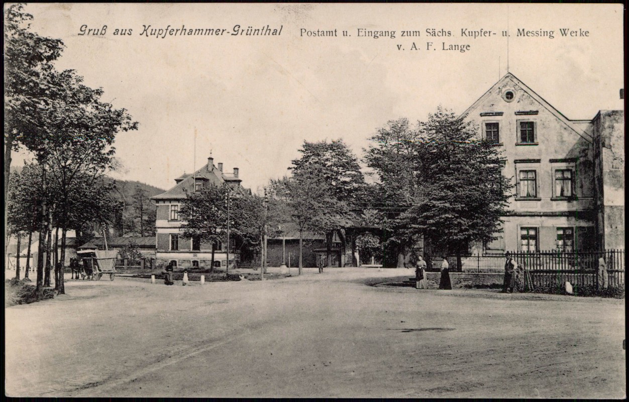 zoom: Image side vintage Postcard from 1910: Postamt Eingang Messingwerke:: Kupferhammer-Grünthal-Olbernhau