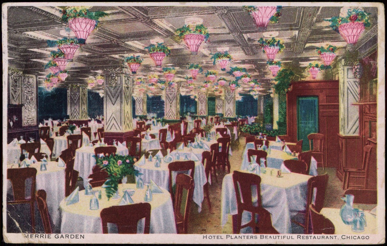 zoom: Image side vintage Postcard from 1915: Hotel Planters - Restaurant Saal:: Chicago