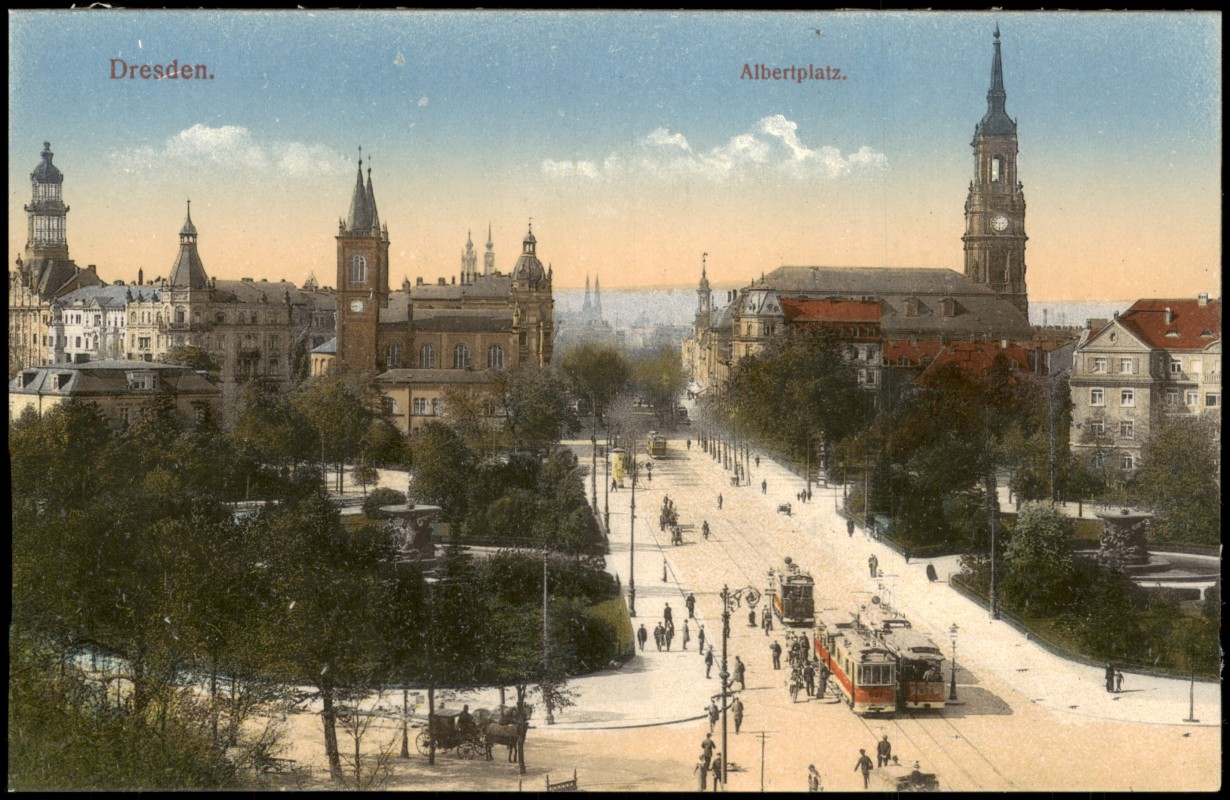 zoom: Image side vintage Postcard from 1915: Albertplatz Straßenbahn:: Innere Neustadt-Dresden