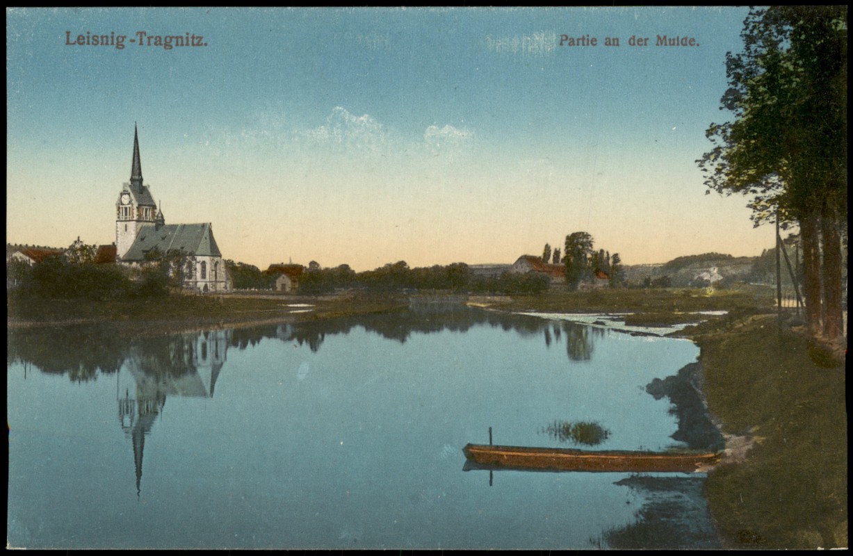 zoom: Image side vintage Postcard from 1915: Partie an der Mulde.:: Tragnitz-Leisnig