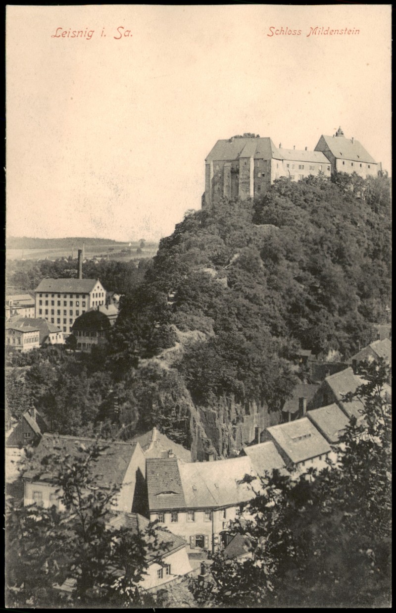 zoom: Image side vintage Postcard from 1908: Schloss Mildenstein Stadt:: Leisnig
