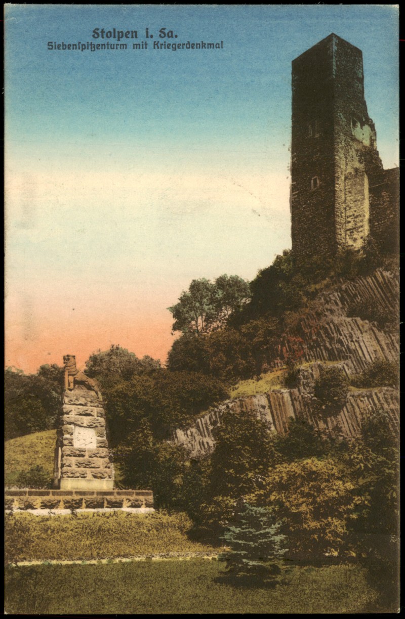 zoom: Image side vintage Postcard from 1908: Siebenspitzenturm mit Kriegerdenkmal:: Stolpen
