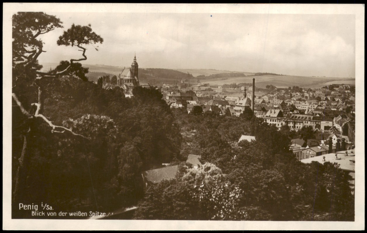 vergrößern: Bildseite historische Ansichtskarte von 1928: Blick von der weißen Spitze. Fotokarte:: Penig (Mulde)