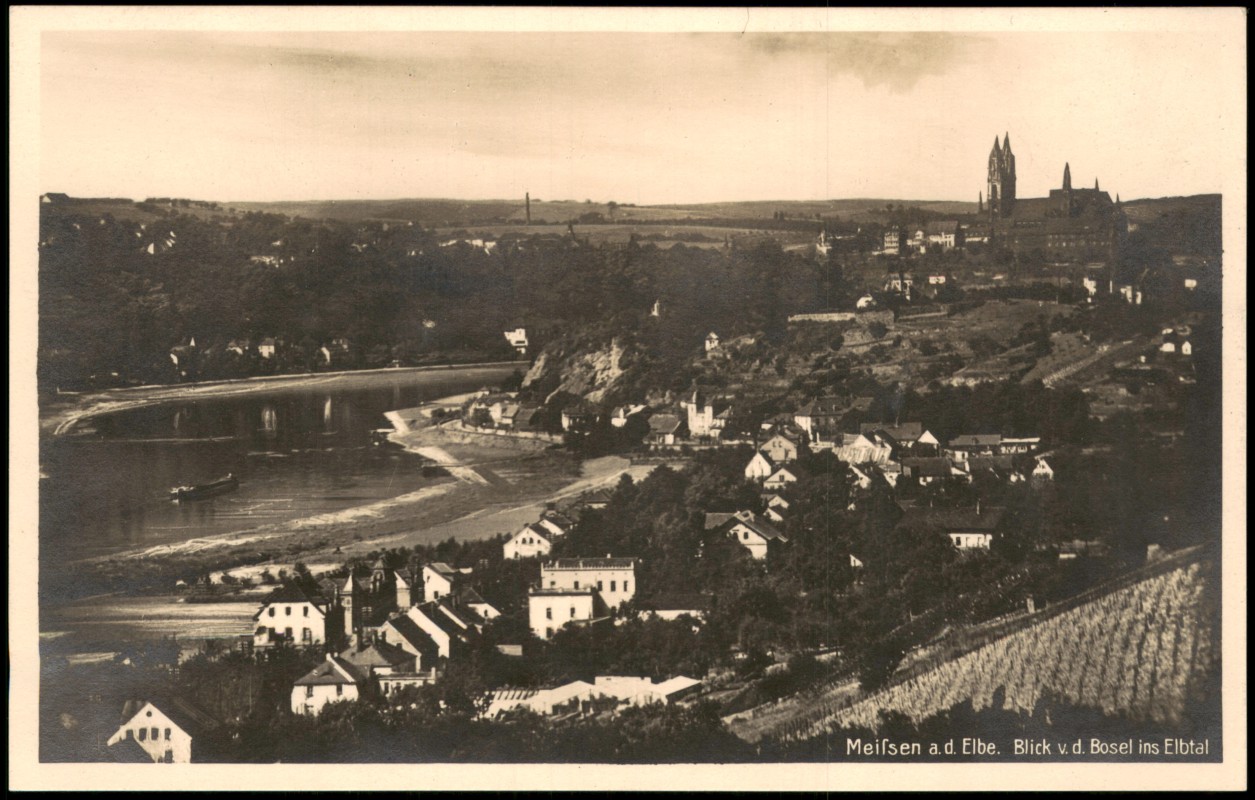 zoom: Image side vintage Postcard from 1929: Elbe. Blick v. d. Bosel ins Elbtal:: Meissen