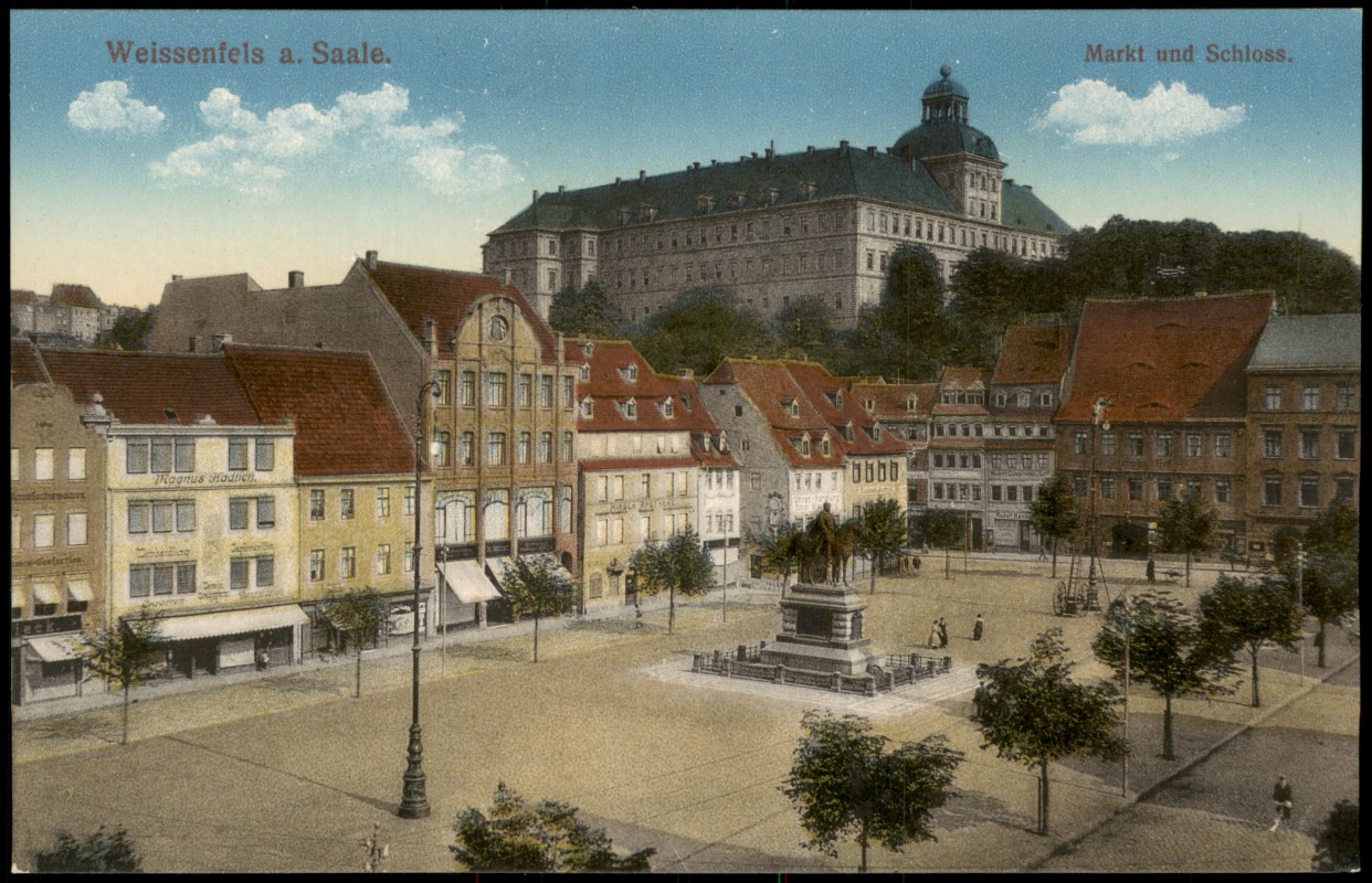 zoom: Image side vintage Postcard from 1912: Markt und Schloss. Geschäfte:: Weissenfels