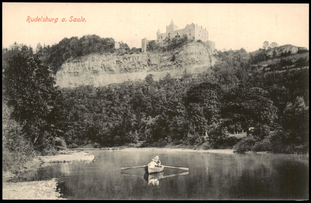 vergrößern: Bildseite historische Ansichtskarte von 1915: Rudelsburg Ruderboot:: Saaleck-Bad Kösen