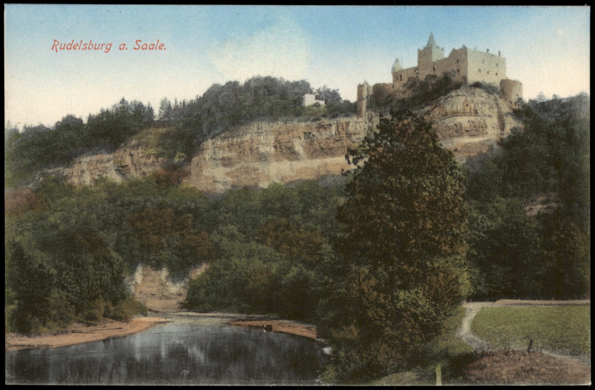 vergrößern: Bildseite historische Ansichtskarte von 1912: Rudelsburg und Saalepartie:: Saaleck-Bad Kösen