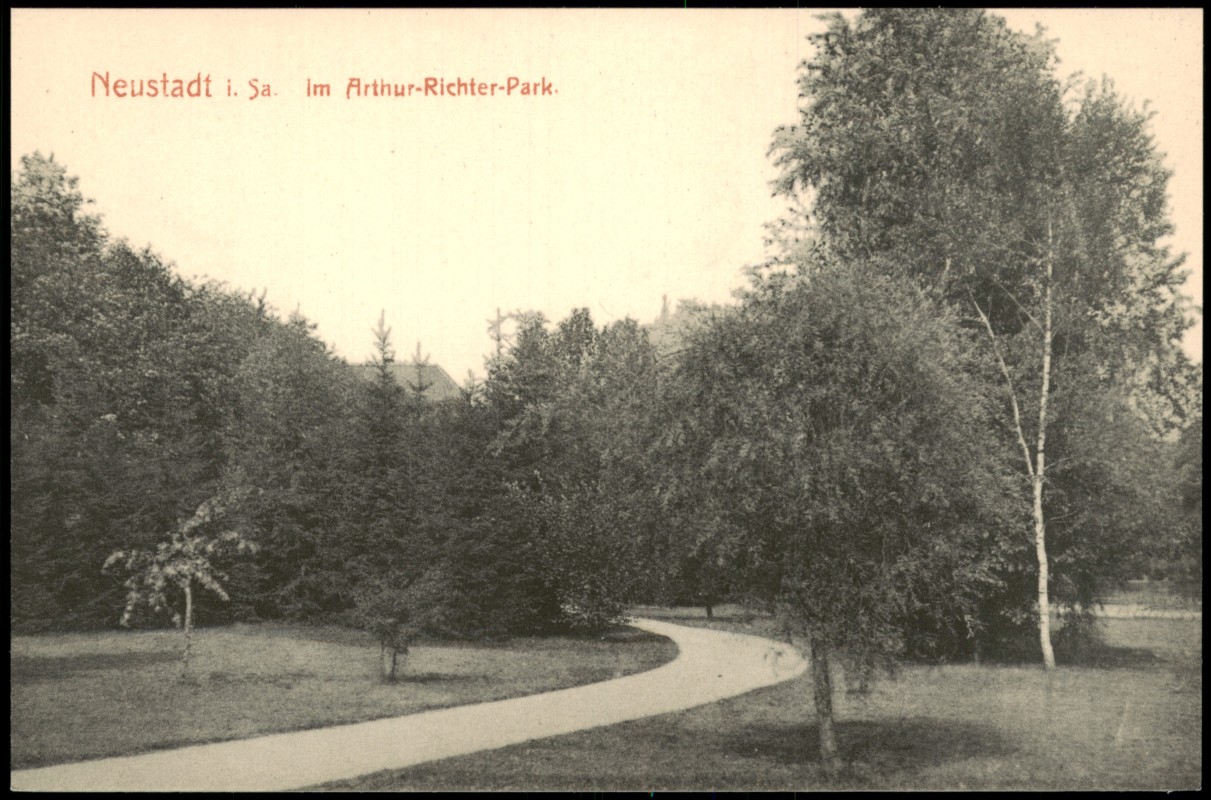 zoom: Image side vintage Postcard from 1912: Arthur Richter Park:: Neustadt (Sachsen)