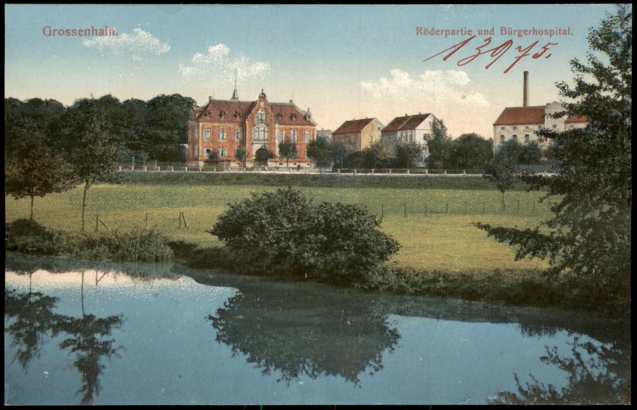zoom: Image side vintage Postcard from 1912: Röderpartie und Bürgerhospital:: Großenhain