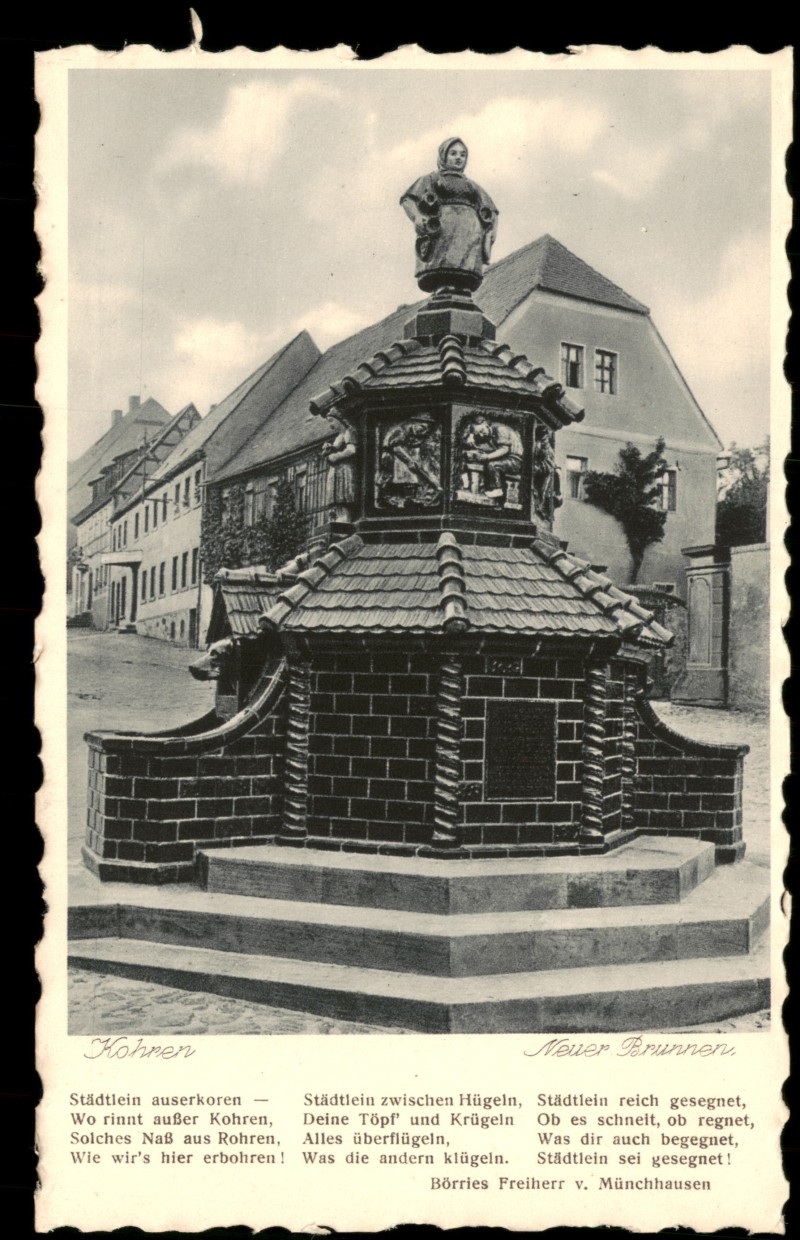 zoom: Image side vintage Postcard from 1928: Neuer Brunnen mit Gedicht:: Kohren-Sahlis