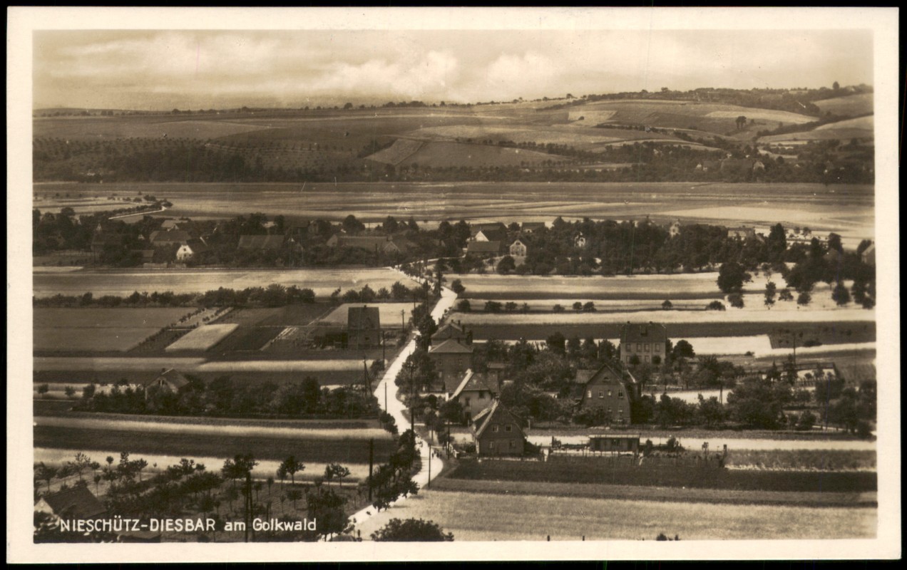 zoom: Image side vintage Postcard from 1928: Nieschütz Fernblick - Golkwald:: Diesbar (Elbe)-Diesbar-Seußlitz-Nünchritz (Elbe)