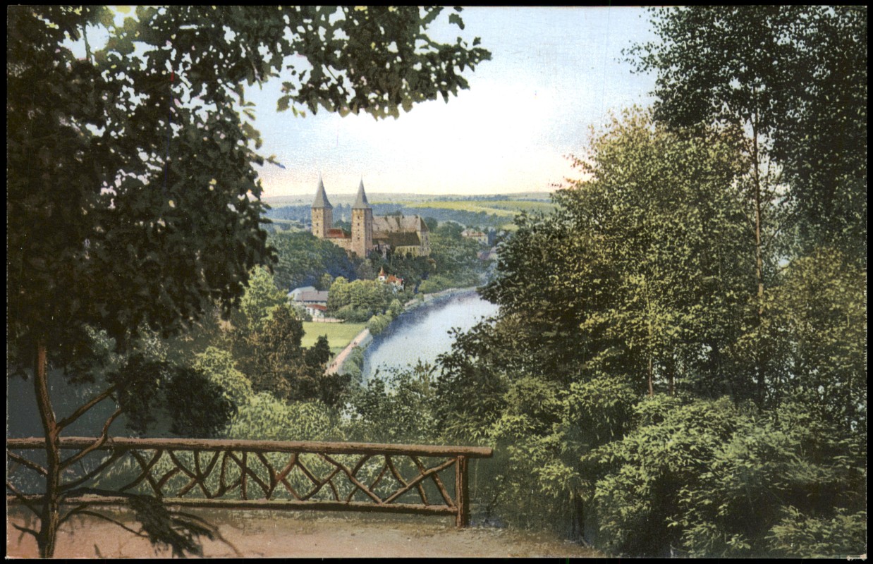 zoom: Image side vintage Postcard from 1928: Blick vom Aussichtspunkt auf die Stadt:: Rochlitz