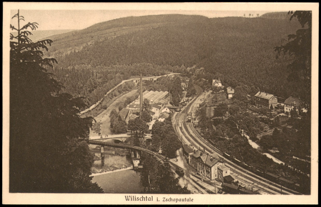 zoom: Image side vintage Postcard from 1925: Bahnhof Fabrik Brücke Wilischtal i. Zschopautale:: Zschopau