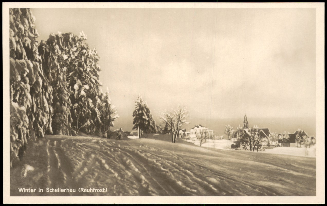 vergrößern: Bildseite historische Ansichtskarte von 1928: Vom Waldesrand auf die Stadt im Winter:: Schellerhau-Altenberg (Erzgebirge)