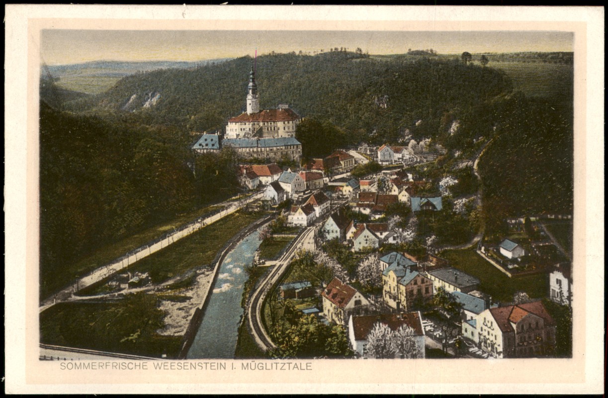 vergrößern: Bildseite historische Ansichtskarte von 1928: Blick über die Stadt:: Weesenstein (Müglitz)