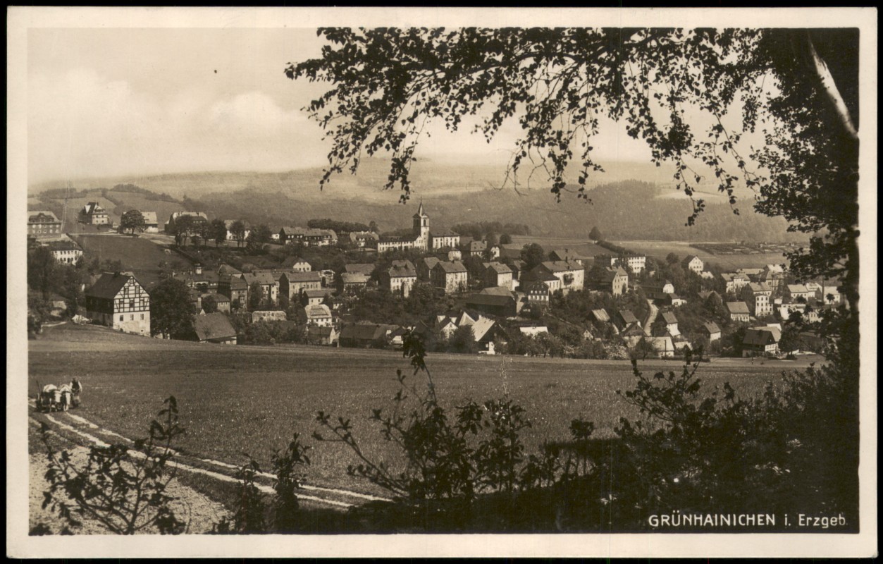 vergrößern: Bildseite historische Ansichtskarte von 1928: Partie an der Stadt - Erzgebirge:: Grünhainichen