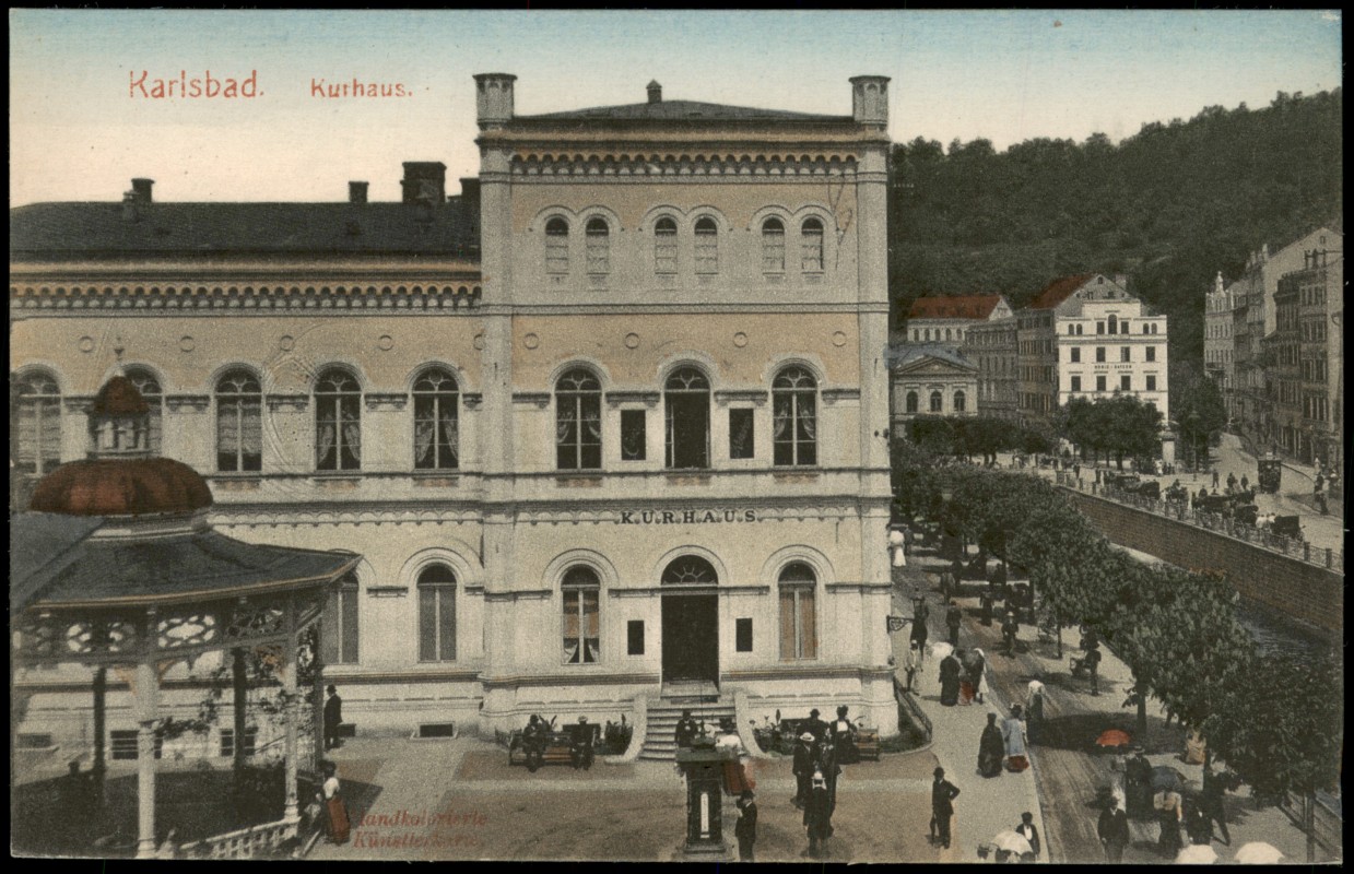 zoom: Image side vintage Postcard from 1909: Straßenpartie - Kurhaus Handcolorierte AK:: Karlsbad