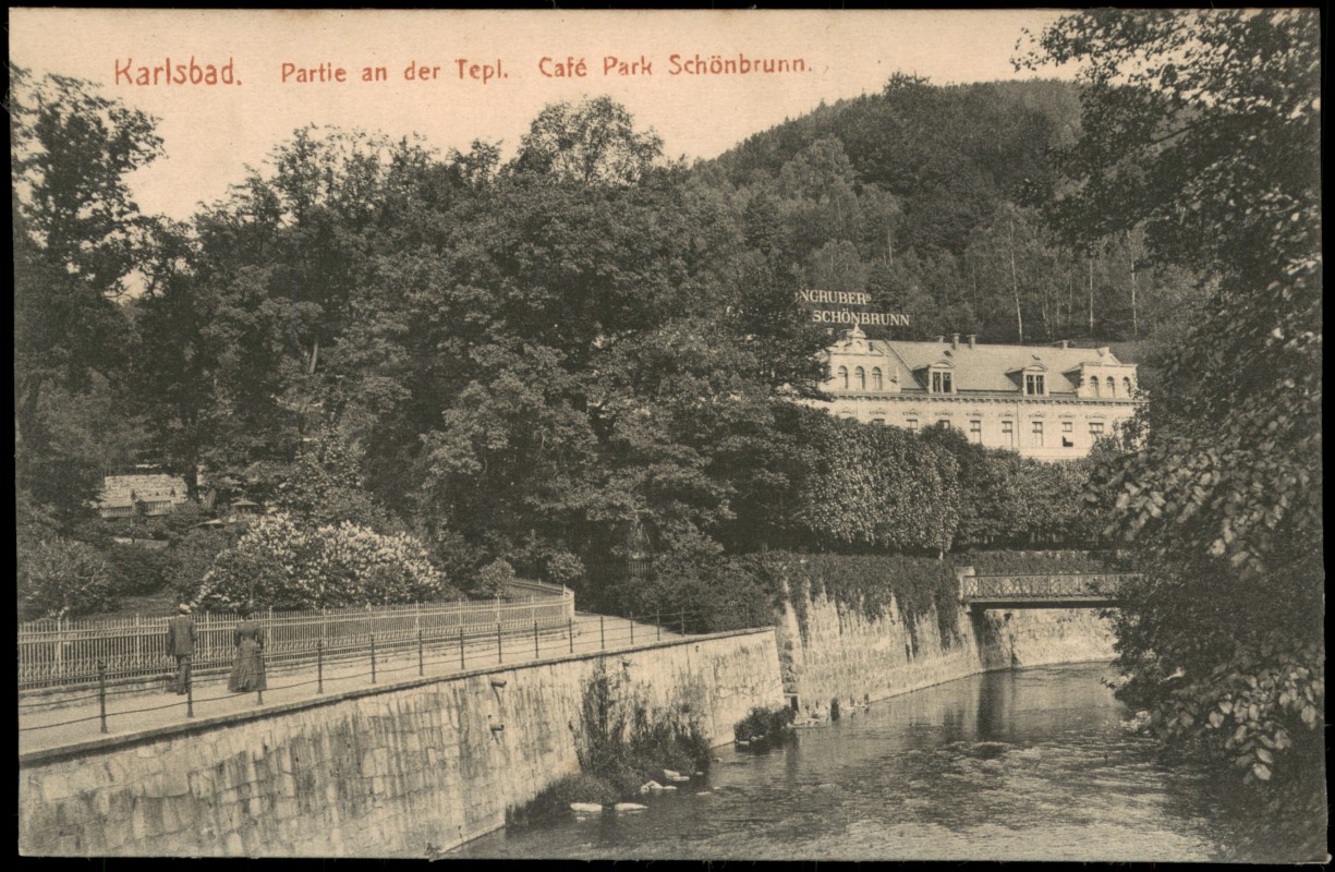 zoom: Image side vintage Postcard from 1909: Partie an der Tepl. Café Park Schönbrunn.:: Karlovy Vary