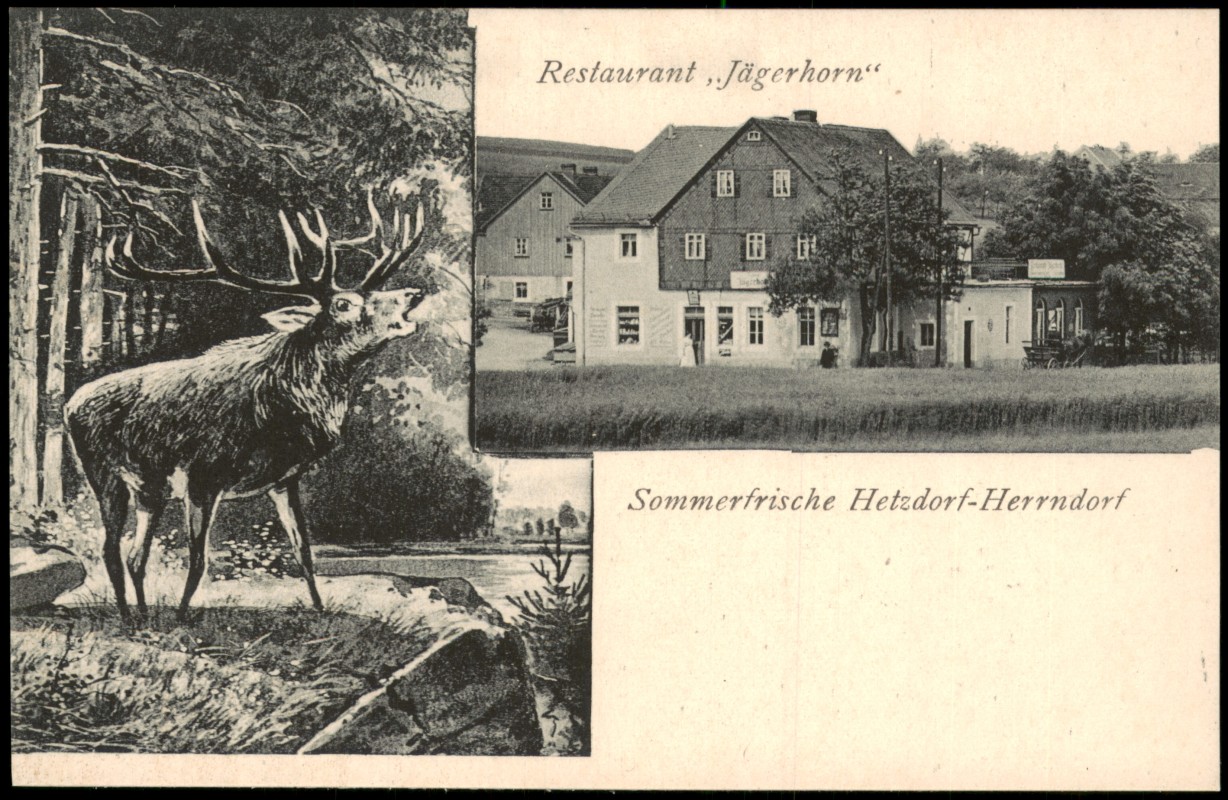 zoom: Image side vintage Postcard from 1912: 2 Bild Restaurant, Jägerhorn und Hirsch:: Hetzdorf-Halsbrücke