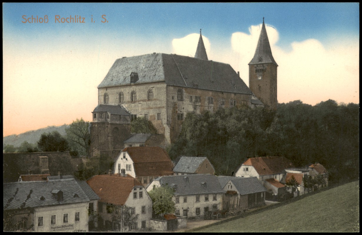 zoom: Image side vintage Postcard from 1909: Stadtpartie Häuser und Schloß colorierte Ak:: Rochlitz