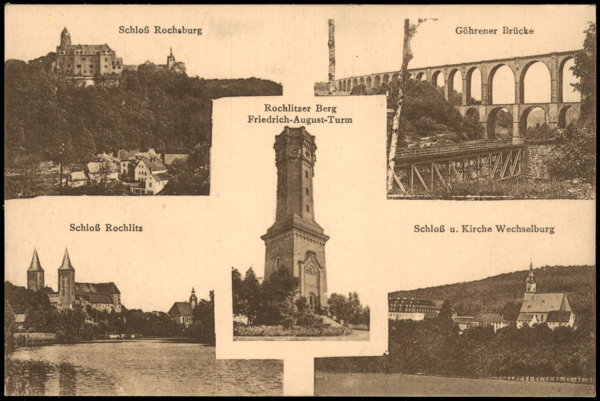 zoom: Image side vintage Postcard from 1912: 5 Bild Stadtansichten:: Rochlitz