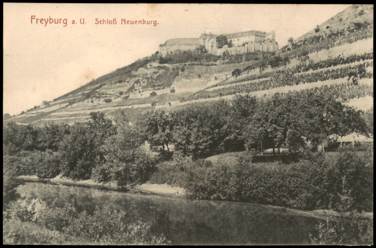 vergrößern: Bildseite historische Ansichtskarte von 1912: Blick über den Fluß auf Schloss Neuenburg:: Freyburg (Unstrut)