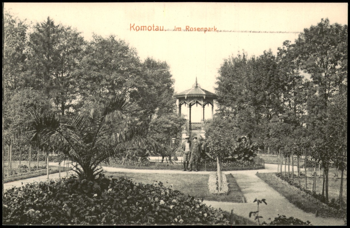 zoom: Image side vintage Postcard from 1912: Im Rosenpark:: Chomutov