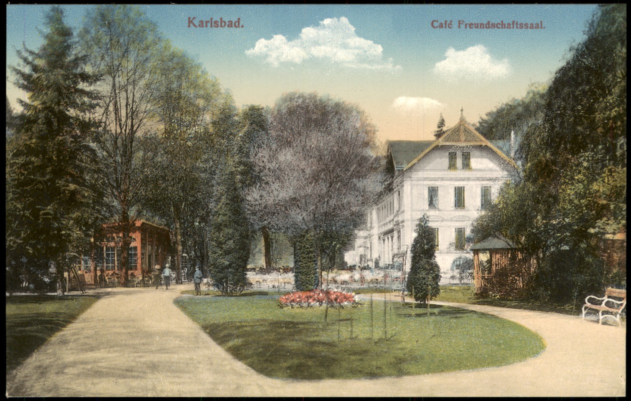 vergrößern: Bildseite historische Ansichtskarte von 1912: Café Freundschaftssaal:: Karlsbad