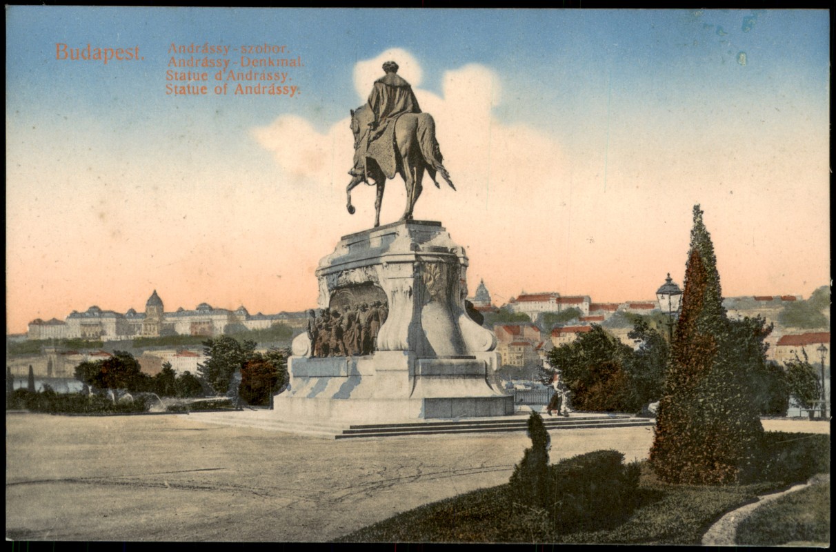 vergrößern: Bildseite historische Ansichtskarte von 1910: Andrássy-Denkmal:: Budapest
