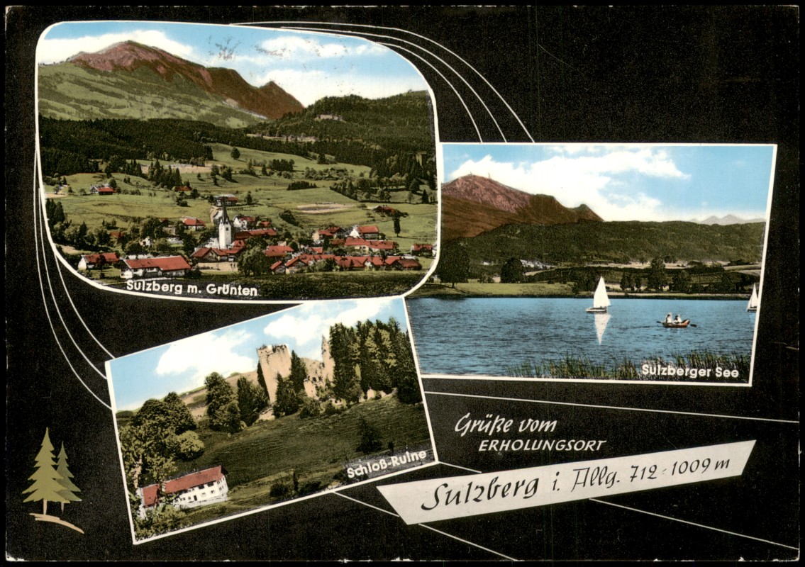 zoom: Image side vintage Postcard from 1967: Mehrbildkarte mit Sulzberger See u. Schloß-Ruine:: Sulzberg (Oberallgäu)