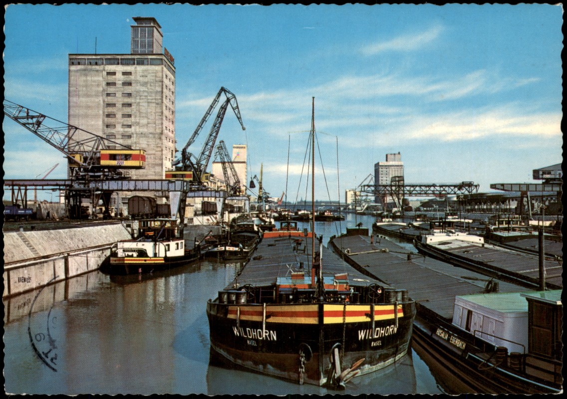 zoom: Image side vintage Postcard from 1969: Neckarhafen Frachtschiffe mit Kran-Anlagen:: Stuttgart