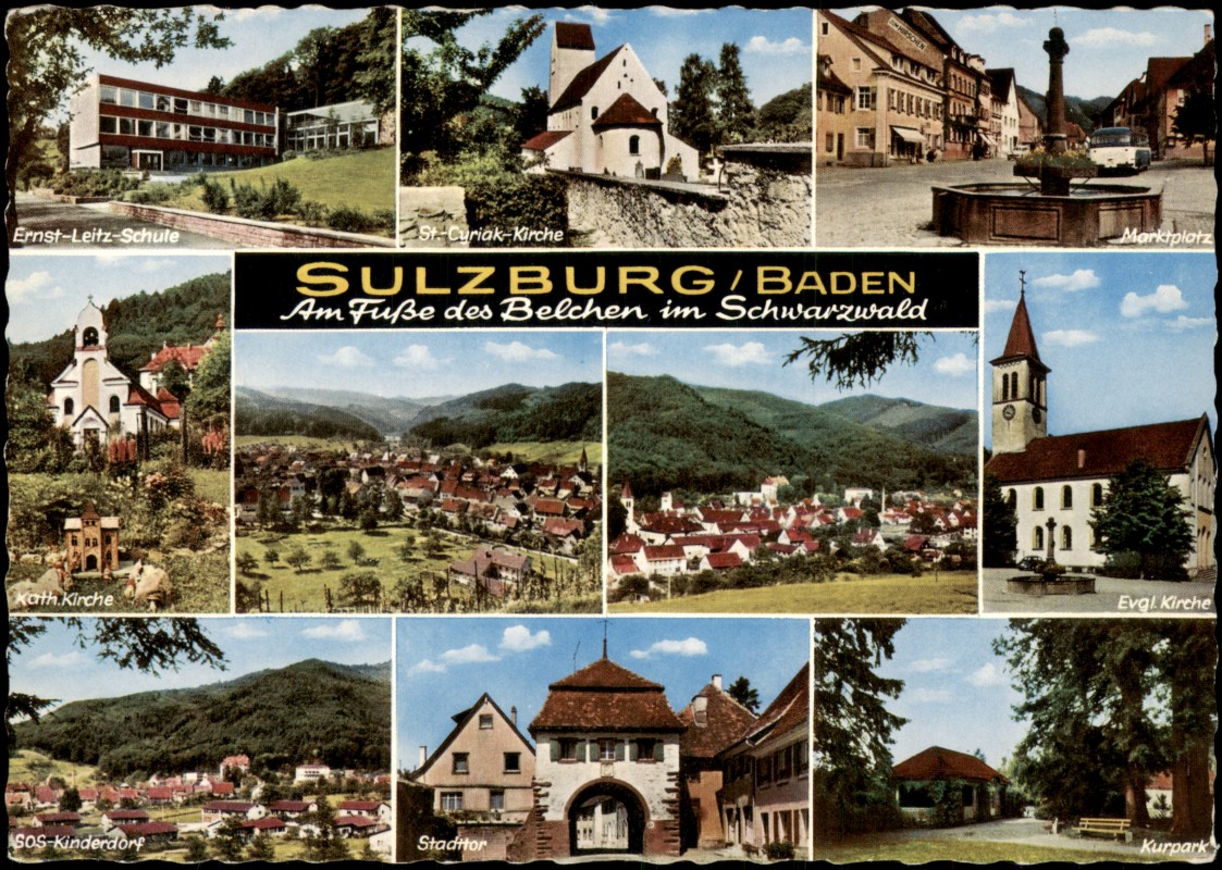 vergrößern: Bildseite historische Ansichtskarte von 1965: Mehrbild-AK u.a. Schule ASOS-Kinderdorf Marktplatz St-Curiak-Kirche:: Sulzburg
