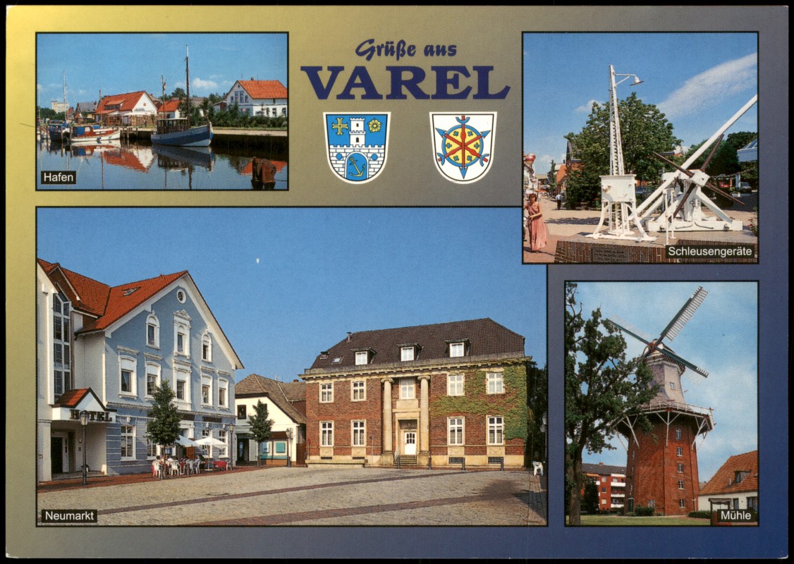 vergrößern: Bildseite historische Ansichtskarte von 2000: Mehrbild-AK u.a. Hafen, Schleusen-Geräte, Neumarkt Mühle:: Varel