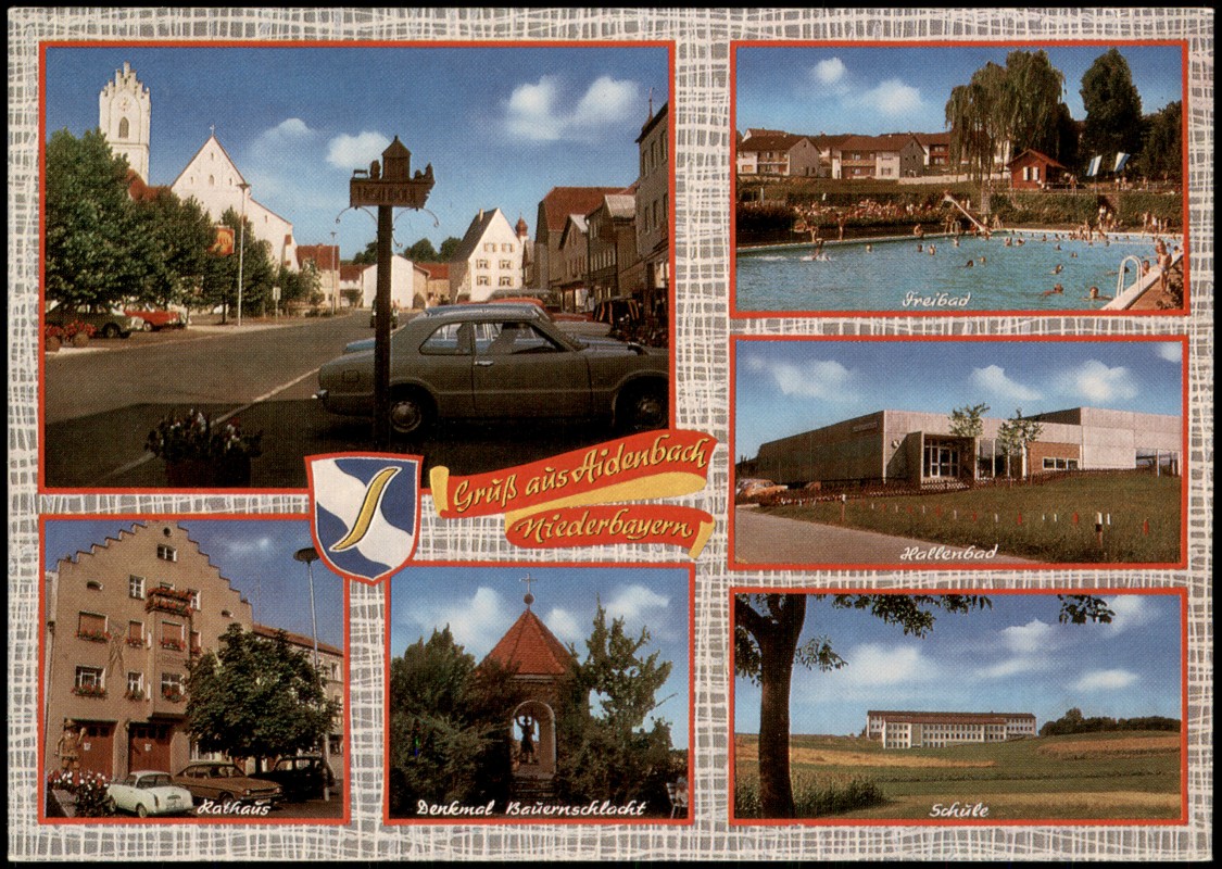 zoom: Image side vintage Postcard from 1970: Mehrbild-AK Freibad, Schule, Denkmal Bauernschlacht uvm.:: Aidenbach