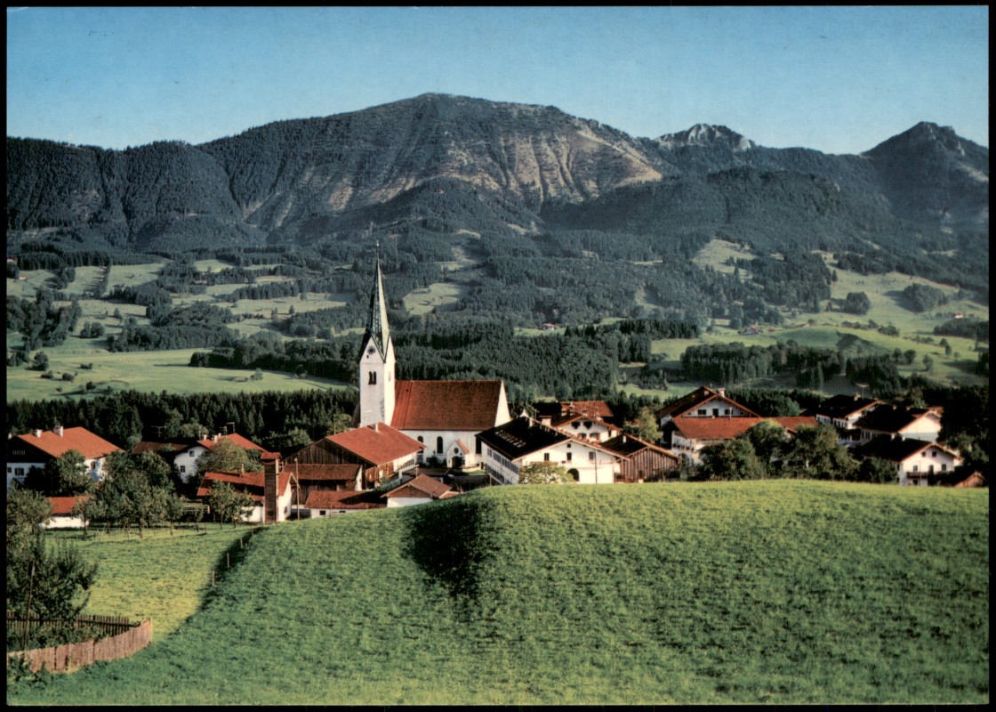 zoom: Image side vintage Postcard from 1980: Panorama-Ansicht Bayerische Alpen mit Hochries:: Törwang-Samerberg