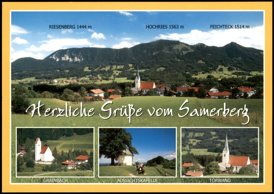 zoom: Image side vintage Postcard from 1990: Panorama-Ansicht Feriengebiet SAMERBERG mit der Hochries-Gruppe:: Törwang-Samerberg