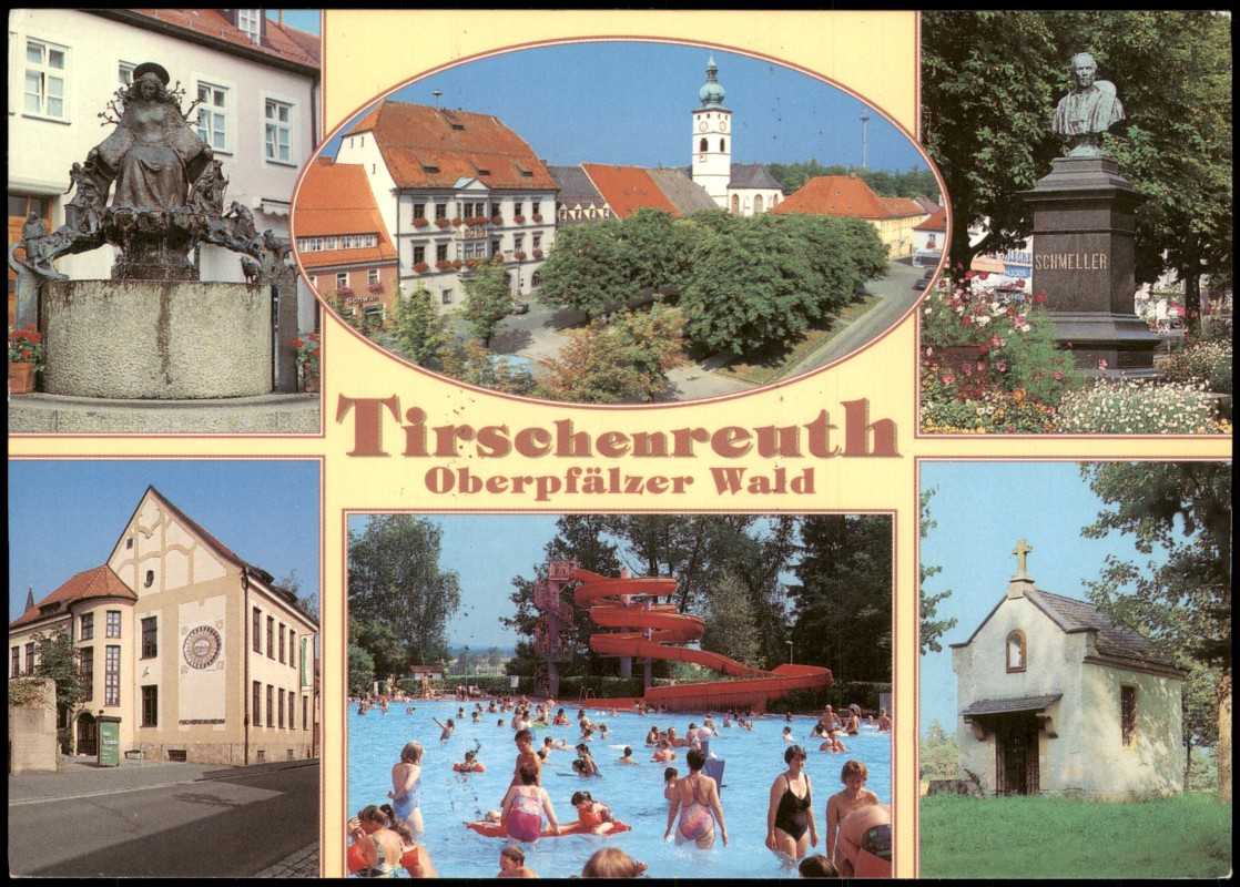 zoom: Image side vintage Postcard from 1995: Mehrbildkarte mit div. Ortsansichten u.a. Freibad, Denkmal:: Tirschenreuth