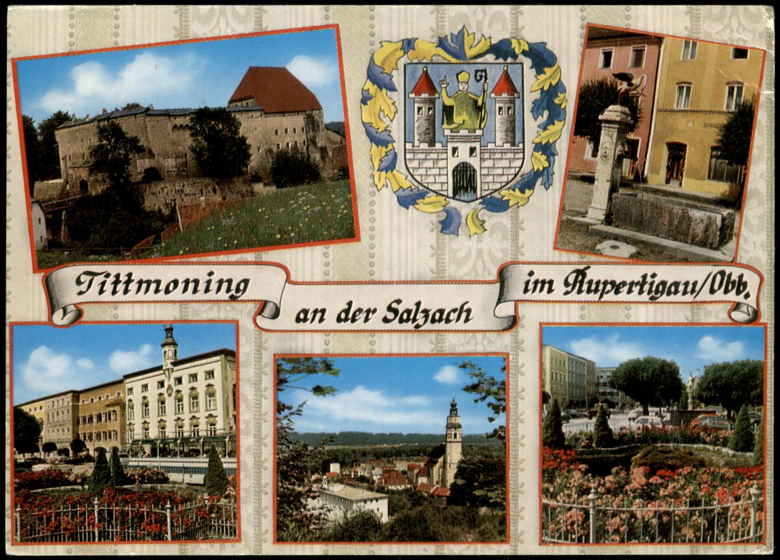 vergrößern: Bildseite historische Ansichtskarte von 1975: Mehrbildkarte mit 5 Ortsansichten:: Tittmoning