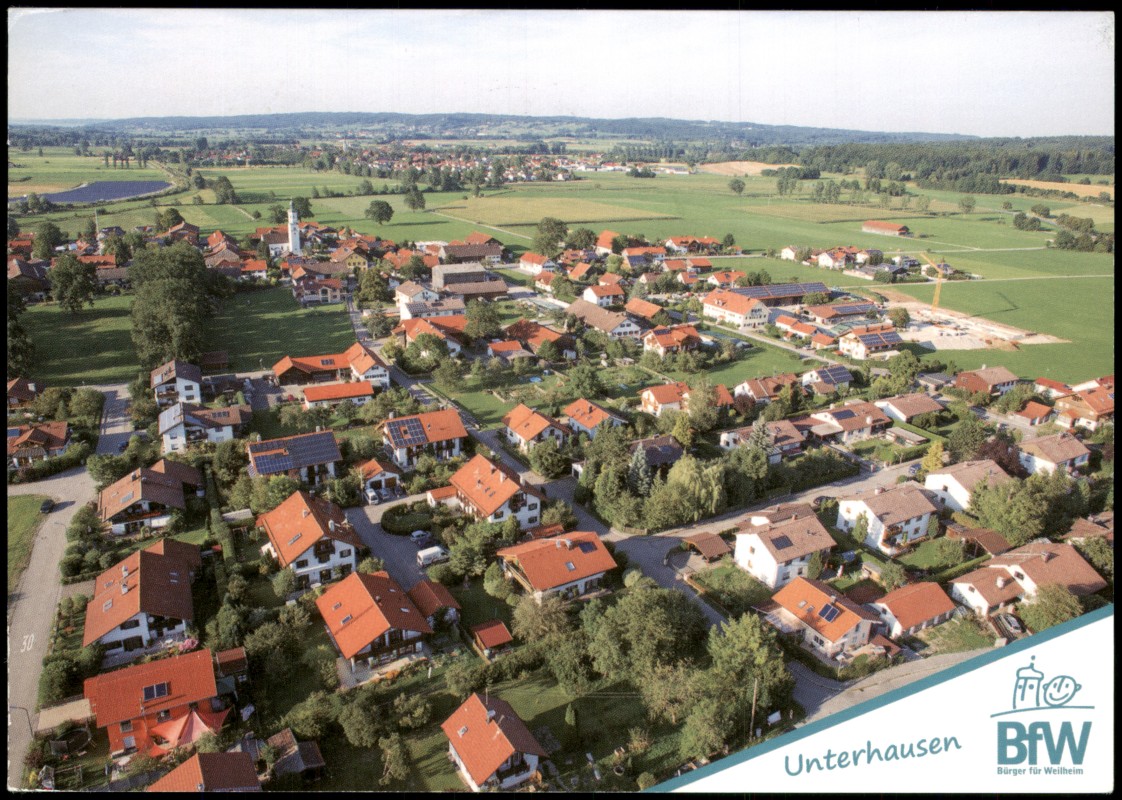 zoom: Image side vintage Postcard from 2014: Luftbild Luftaufnahme Totale v. Flugzeug aus:: Unterhausen
