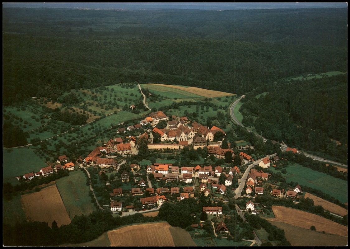 vergrößern: Bildseite historische Ansichtskarte von 1980: Panorama Luftaufnahme mit ehem. Cistercienserkloster:: Bebenhausen-Tübingen