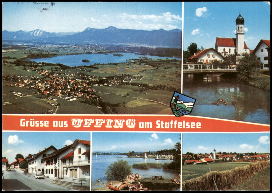 vergrößern: Bildseite historische Ansichtskarte von 1981: Mehrbildkarte Ortsansichten u.a. Luftaufnahme:: Uffing am Staffelsee