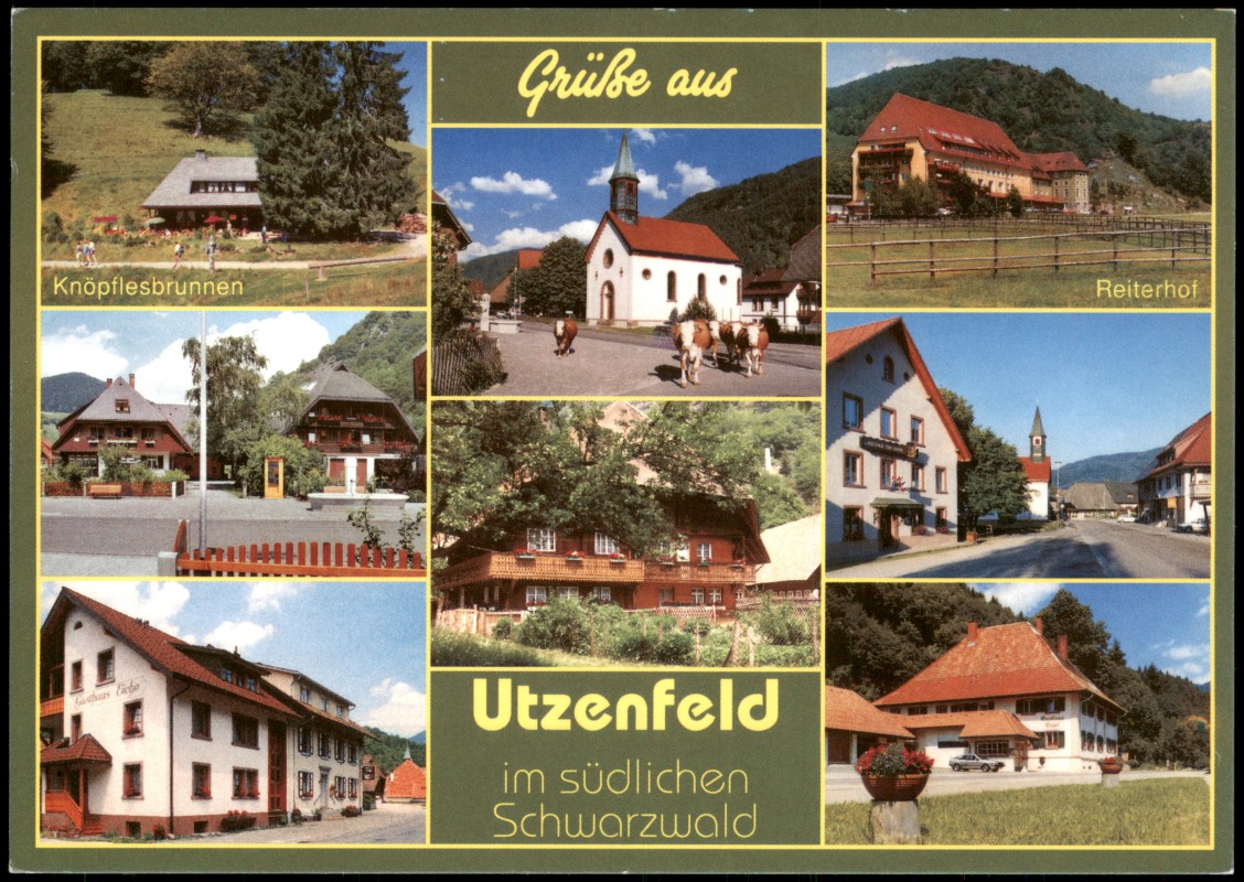 zoom: Image side vintage Postcard from 2000: Mehrbild-AK u.a. Knöpflesbrunnen, Reiterhof, Gebäude-Ansichten:: Utzenfeld