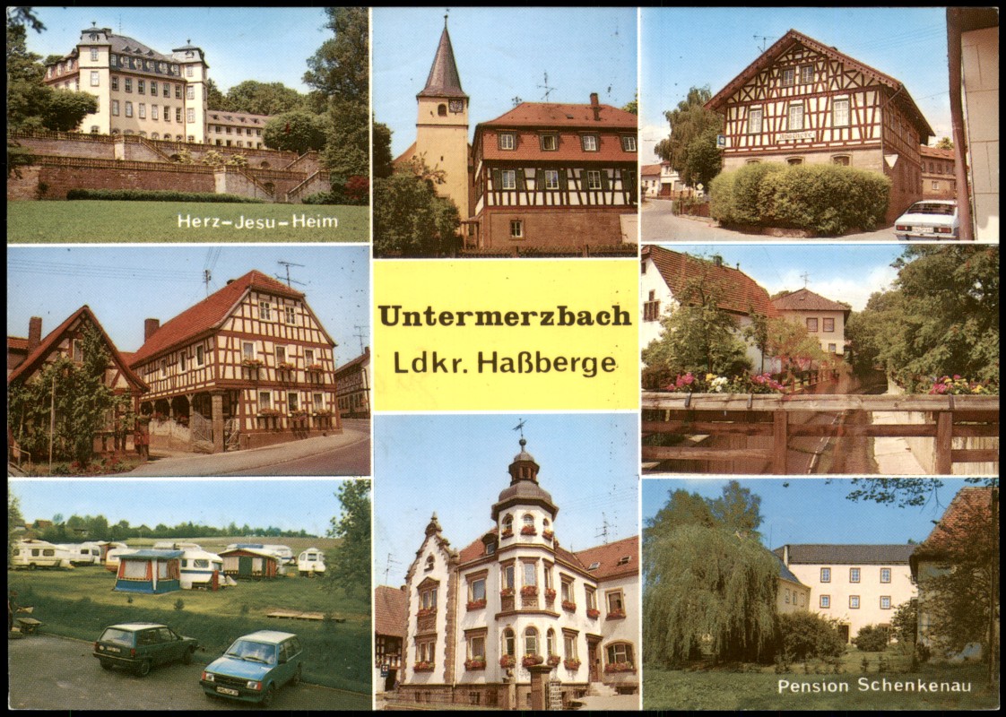vergrößern: Bildseite historische Ansichtskarte von 2000: Mehrbild-AK mit Herz-Jesu-Heim, Campingplatz, Pension Schenkenau:: Untermerzbach