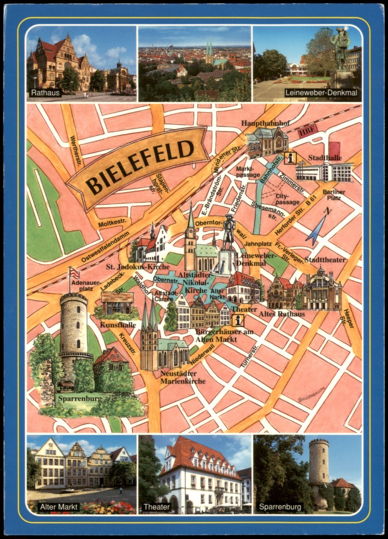vergrößern: Bildseite historische Ansichtskarte von 2010: Mehrbildkarte mit Ortsansichten und Teil-Stadtkarte:: Bielefeld