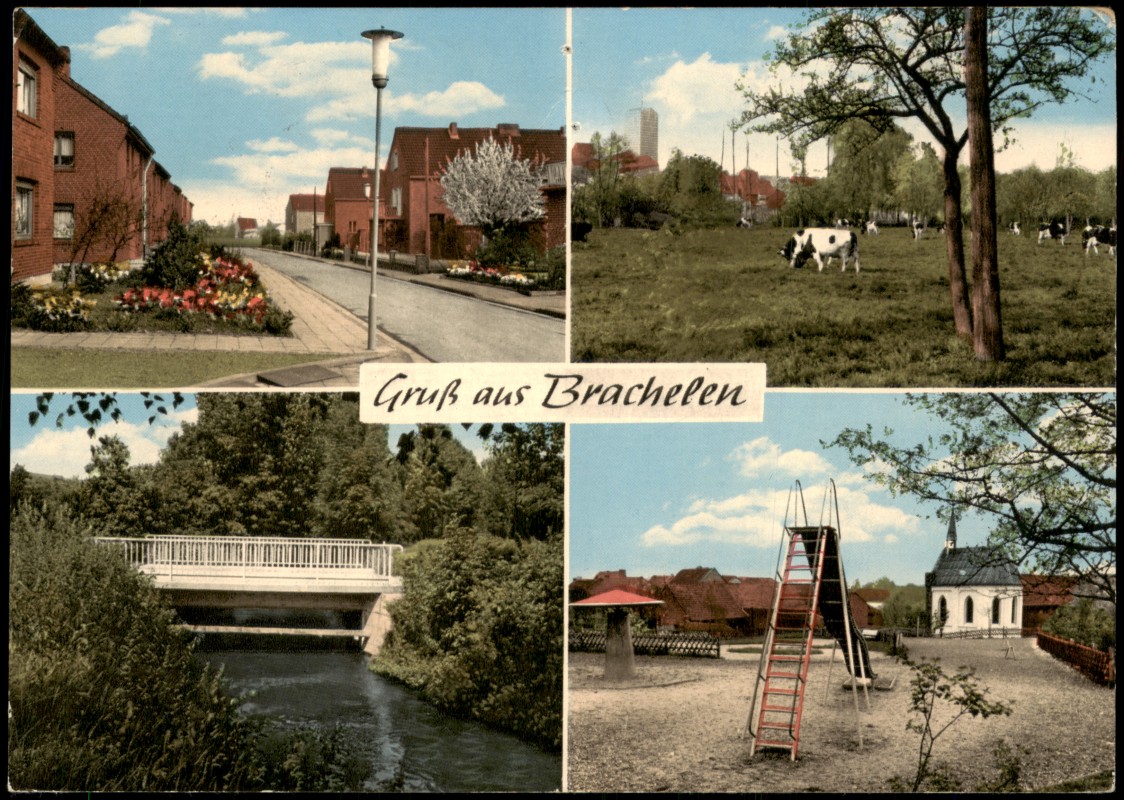 zoom: Image side vintage Postcard from 1973: Mehrbildkarte mit 4 alten Ortsansichten:: Brachelen