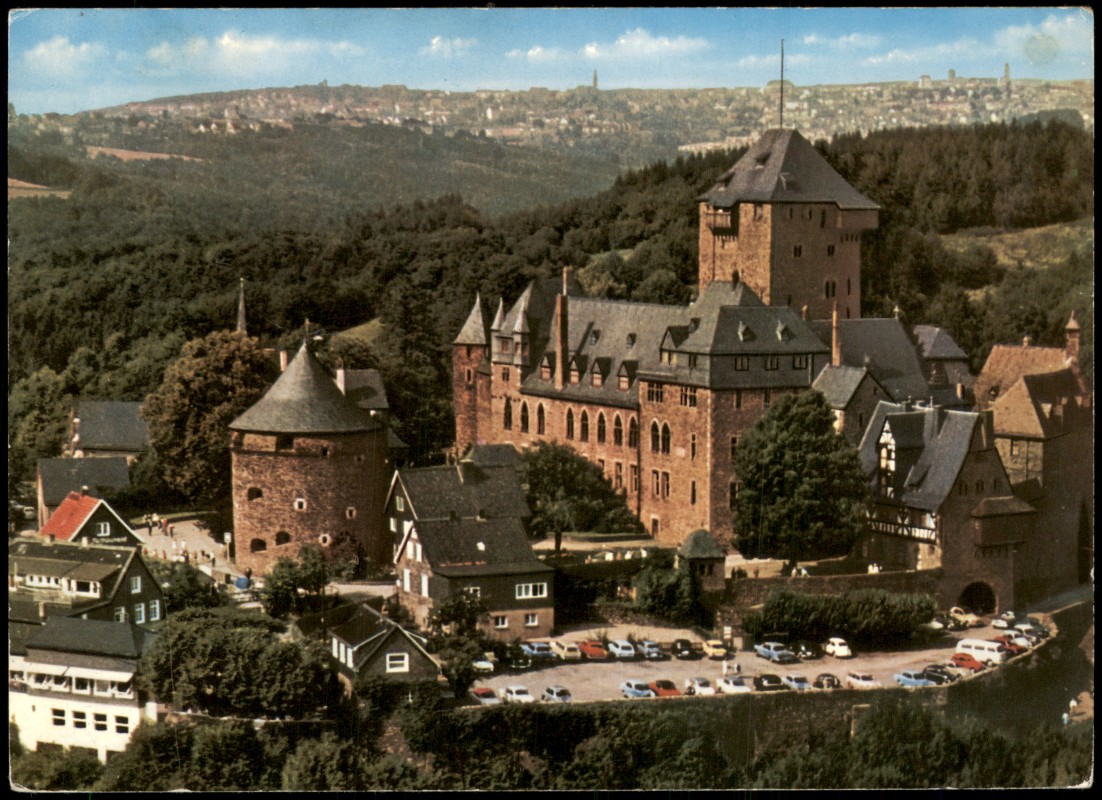 zoom: Image side vintage Postcard from 1965: Schloss Burg aus der Vogelschau-Perspektive:: Burg an der Wupper-Solingen