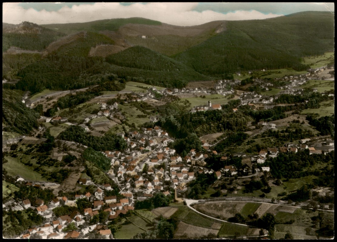vergrößern: Bildseite historische Ansichtskarte von 1968: Luftbild Totalansicht vom Flugzeug aus:: Bühlertal