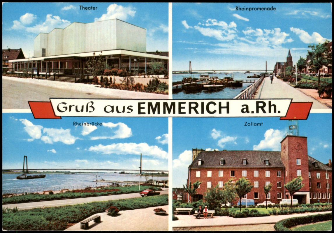 zoom: Image side vintage Postcard from 1975: Mehrbild-AK mit Zollamt Theater Rheinpromenade Rheinbrücke:: Emmerich (Rhein)