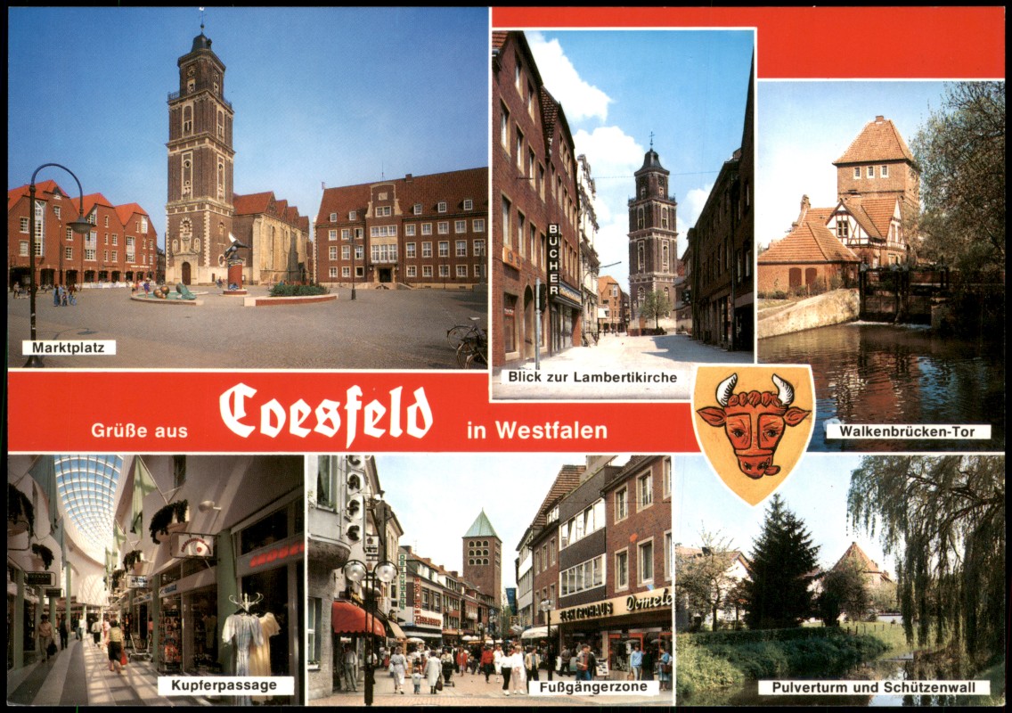 vergrößern: Bildseite historische Ansichtskarte von 1990: Mehrbild-AK mit Fußgängerzone Walkenbrücken-Tor Pulverturm und Schützenwall:: Coesfeld